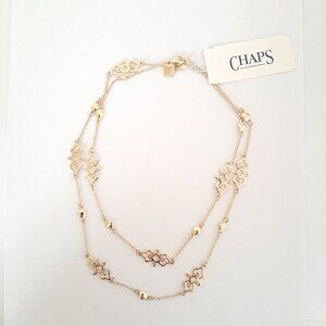 Chaps Long Gold Tone Necklace with Openwork Floral Geometric Cutout Design